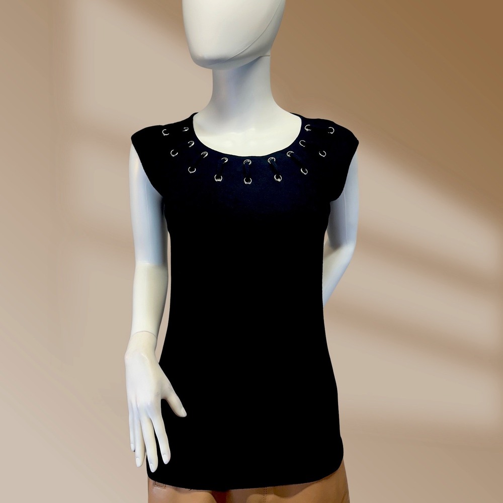 INC Womens Sz Small Womens Black Fitted Top Silver Grommet Details NWOT